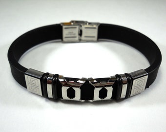 Black Silicone and 304 Stainless Steel Nouveau Pattern 8 1/2" Men's Bracelet, Gift for Men, Fashion Bracelet, Men's Jewelry