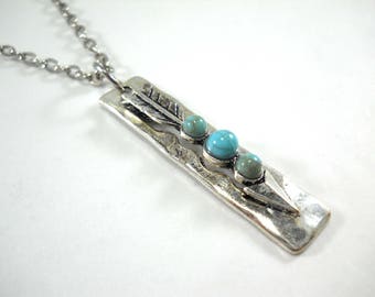 Arrow Rectangle Boho Pendant with Turquoise Beads, Antique Silver Tone with Synthetic Turquoise Beads, Men's Necklace