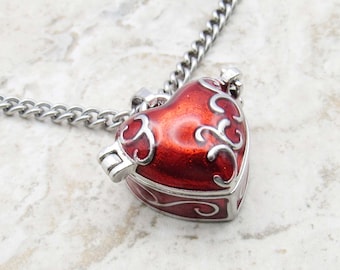 Red Heart Wish Box with Hinged Lid, Brass with Enamel Color, Pill Box Necklace, Heart Locket Necklace, Gift for Women, Women's Necklace,