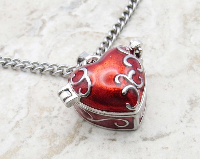 Featured listing image: Red Heart Wish Box with Hinged Lid, Brass with Enamel Color, Pill Box Necklace, Heart Locket Necklace, Gift for Women, Women's Necklace,