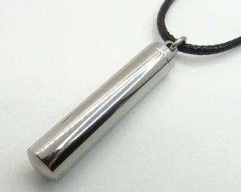 Stainless Steel Large Column Locket with screw lid, Men's Necklace, Cremation Urn Locket, Pill Locket Corded Necklace, Women's Necklace
