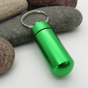 Green Aluminum Column Pill Bottle Key Ring, Pill Bottle Key Ring, Water Tight Screw Top Container, Camping Supply, Stash Container