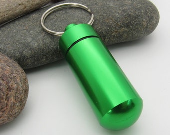 Green Aluminum Column Pill Bottle Key Ring, Pill Bottle Key Ring, Water Tight Screw Top Container, Camping Supply, Stash Container
