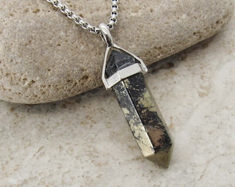 Faceted Bullet Cut Natural Pyrite Gemstone Pendant Necklace, Men's Necklace, Natural Pyrite Chakra Healing Gemstone, Women's Necklace
