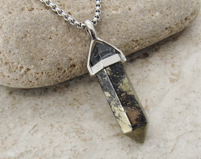 Featured listing image: Faceted Bullet Cut Natural Pyrite Gemstone Pendant Necklace, Men's Necklace, Natural Pyrite Chakra Healing Gemstone, Women's Necklace