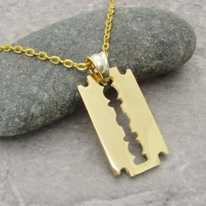 Gold Razor Blade Necklace, Men&#39;s Necklace, Stainless Steel Pendant, Urban Street Fashion Jewelry, Hypo Allergenic Jewelry, Women&#39;s Necklace