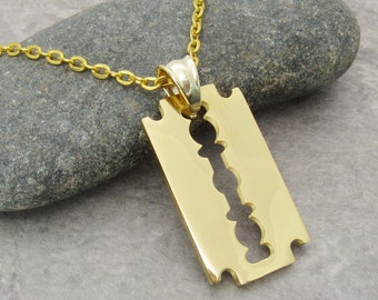 Gold Razor Blade Necklace, Men's Necklace, Stainless Steel Pendant, Urban Street Fashion Jewelry, Hypo Allergenic Jewelry, Women's Necklace
