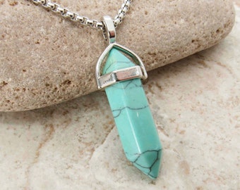 Faceted Bullet Cut Green Turquoise Gemstone Pendant, Synthetic Green Turquoise Gemstone Necklace, Men's Necklace, Women's Necklace