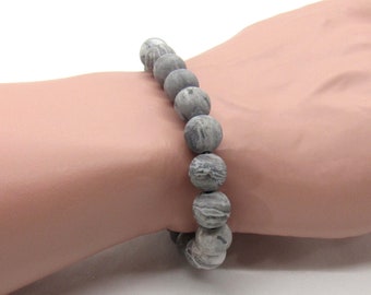 Natural Map Stone / Picasso Jasper Stone 8mm Frosted Gray Beaded Bracelet, Men's Bracelet, Women's Bracelet, Men's Jewelry, Gift for Men