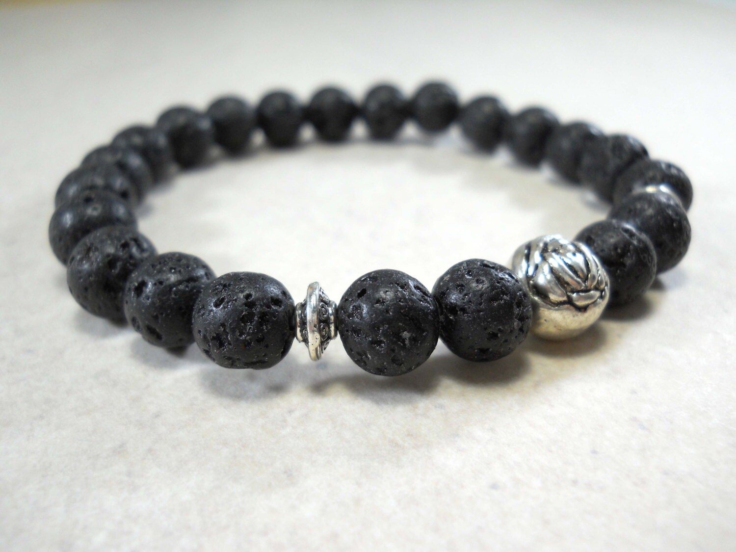 Bone Bead and Lava Rock Bracelet Stretch / Large (8 Inches)