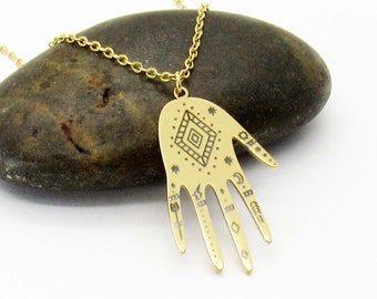 Gold Plated Stainless Steel Tarot Hand Pendant, Gold Link Chain with Extension, Women's Necklace, Spiritual Pendant Jewelry, Gift for Women