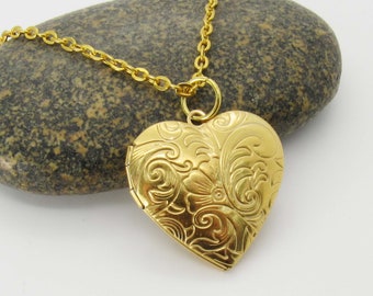 Gold Tone Heart Photo Locket, Stainless Steel Heart Locket, Woman's Necklace, Women's Jewelry, Hinged Lid Heart Locket, Keepsake Locket