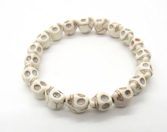 Skull Beads Bracelet, Halloween Bracelet, Men's Bracelet, Howlite Skull Bead Bracelet, Women's Bracelet, Halloween Costume Jewelry