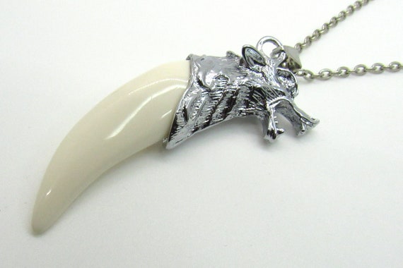 Silver Color Wolf Head Resin Tooth Pendant Necklace, Men's Wolf