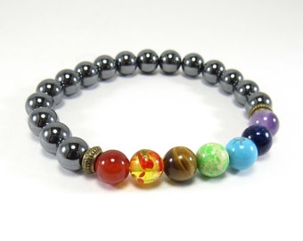 Rainbow Pride Bracelet 8mm Multi Color Beads and Hematite Black Mirror Beads, Men's Bracelet, Men's Jewelry, Women's Bracelet