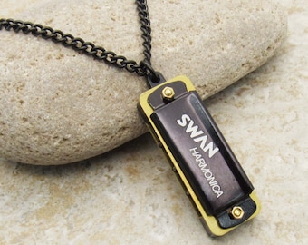 Mini Black Vintage Style Harmonica Necklace, Retro Black Mini Harmonica, Men's Necklace, Playable Harmonica Necklace, Women's Necklace
