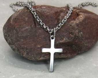 Stainless Steel Small Cross Charm Pendant Necklace, Men's Necklace, Hypo Allergenic Jewelry, Woman's Necklace, Men's Charm Pendant Jewelry