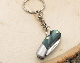 Green Wood Stainless Steel Pocket Knife Keyring, Wood Inlay Pocket Knife, Stainless Steel Pocket Knife, Mini Steel Pocket Knife Keyring