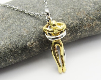 Embracing Couple Pendant Necklace, Stainless Steel Chain with Extension, Women's Necklace, Two Tone Infinity Hugging Couple