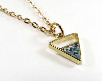 Gold Toned Green Opal Triangle Pendant, Geometric Design Necklace, Open Triangle Pendant, Men's Necklace, Men's Jewelry, Women's Necklace