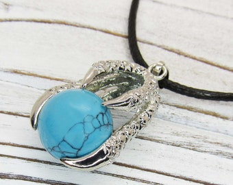 Eagle Claw Pendant with Turquoise Gemstone, Antique Silver Tone, Men's Necklace, Women's Necklace, Gemstone Pendant, Tribal Jewelry
