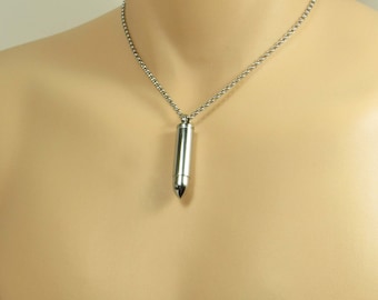Stainless Steel Bullet Column Locket with screw lid Necklace, Cremation Urn Locket, Men's Necklace, Pill Locket Necklace, Women's Necklace