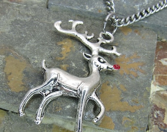 Rudolph Red Nose Reindeer Pendant, Christmas Reindeer Necklace, Men's Necklace, Women's Necklace, Christmas Necklace, Seasonal Jewelry