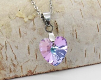Stainless Steel Purple Glass Crystal Heart Pendant, Stainless Steel Chain with Extension, Women's Necklace, Purple Crystal Faceted Pendant