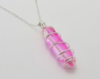 Glass Bullet Cut Pink Pendant Necklace, Wire Wrapped Glass Crystal Pendant, Women's Necklace, Rainbow Colors Pendant, Men's Necklace