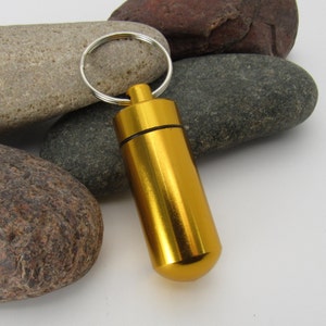 Goldenrod Aluminum Column Pill Bottle Key Ring, Pill Bottle Key Ring, Water Tight Screw Top Container, Camping Supply, Stash Container