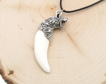 Tiger Head Antique Silver Resin Tooth Pendant Necklace, Animal Necklace, Men's Necklace, Resin Tiger Tooth, Men's Jewelry, Women's Necklace