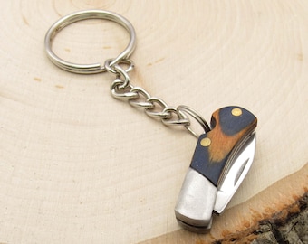 Brown Wood Stainless Steel Pocket Knife Keyring, Wood Inlay Pocket Knife, Stainless Steel Pocket Knife, Mini Steel Pocket Knife Keyring