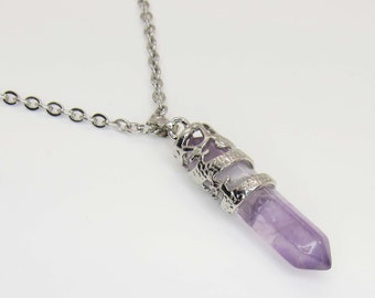 Amethyst Gemstone Pendant, Stainless Steel Dragon Wrap, Men's Necklace, Amethyst Gemstone Necklace, Chakra Healing Gemstone Necklace