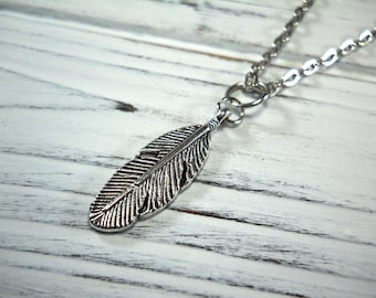 Feather Pendant, Antique Silver Tone, Men's Necklace, Women's Necklace, Antique Silver Tone Chain, Faux Leather Cord, Suede Leather Cord