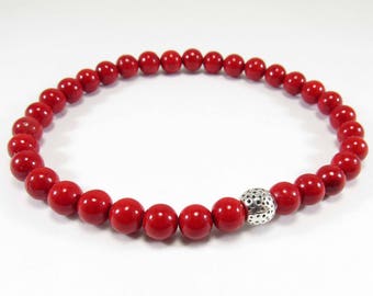 Fosil Beads 6mm Dark Red Beaded Bracelet with Antique Silver Accent Bead, Men's Bracelet, Women's Bracelet, Men's Jewelry, Women's Jewelry