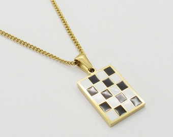Stainless Steel Gold Plated Rectangle Checkerboard Charm Pendant, Gold Link Chain with Extension, Women's Necklace, Women's Fashion Jewelry