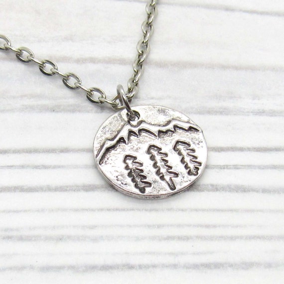 Mountain and Trees Round Tag Pendant Necklace Antique Silver | Etsy