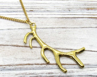 Deer Antler, Antique Gold Tone, Men's Necklace, Women's Necklace, Antique Gold Tone Flat Link Chain
