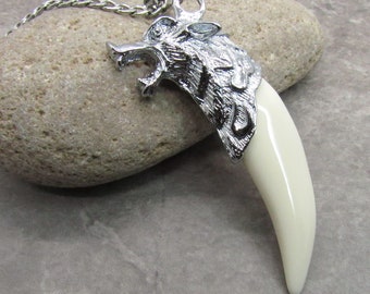 Wolf Head Resin Tooth Pendant Necklace, Wolf Tooth Necklace, Animal Necklace, Necklace for Men, Men's Necklace, Women's Necklace