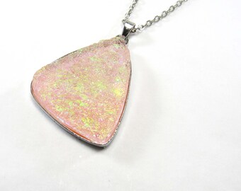 Druzy Pink Aurora Borealis Pendant, Women's Necklace, Celestial Necklace, Women's Jewelry, Antique Silver Crystal Resin Pendant Necklace