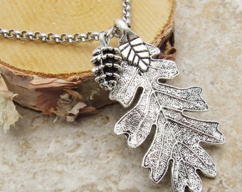Antique Silver Oak Leaf with Pinecone Pendant, Oak Leaf Necklace, Men's Necklace, Women's Necklace, Nature Leaf Necklace, Seasonal Jewelry