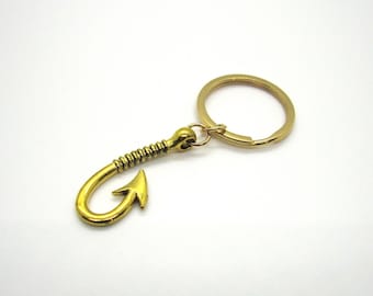 Antique Gold Tone Fish Hook Key Chain, Fish Hook Charm Key