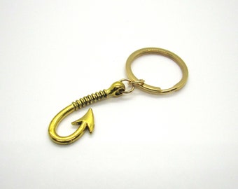 Antique Gold Tone Fish Hook Key Chain, Fish Hook Charm Key Ring, Gold Fish Hook Pendant Key Fob, Men's Key Chain, Women's Key Ring