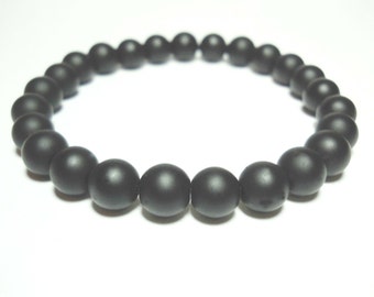 Black Frosted Gemstone Beaded Bracelet, Beads 8mm, Frosted Satin Finish, Men's Bracelet, Men's Jewelry, Gift for Men, Women's Bracelet
