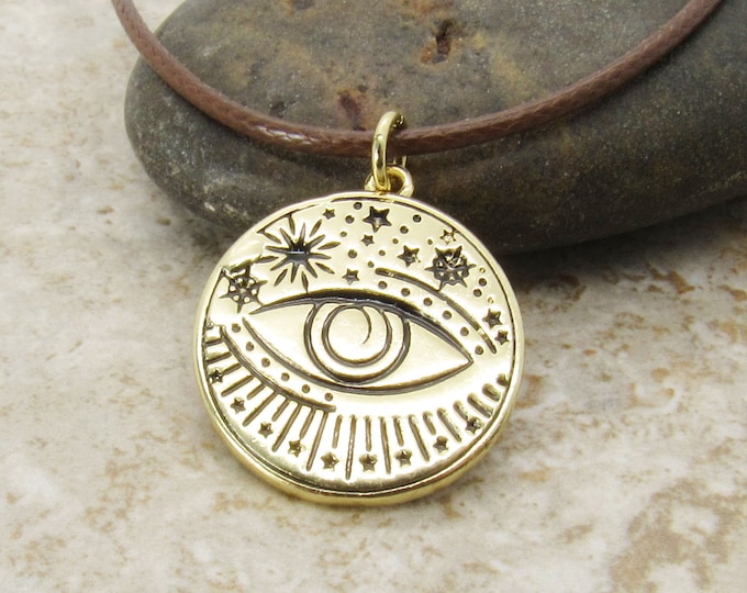 Featured listing image: Gold Plated All Seeing Eye Charm Pendant Necklace, Men's Necklace, Celestial Jewelry, Woman's Necklace, Men's Charm Jewelry
