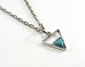 Antique Silver Tone Blue Turquoise Triangle Pendant, Geometric Design Necklace, Men's Necklace, Men's Jewelry, Women's Necklace