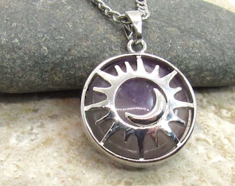 Sun & Moon with Amethyst Pendant Necklace, Men's Gemstone Necklace, Amethyst Pendant Necklace, Women's Necklace, Celestial Jewelry