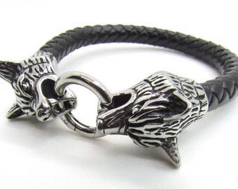 Leather Black Braided Bracelet with Stainless Steel Wolf Heads, Men's Bracelet, Gift for Men, Large Fashion Bracelet