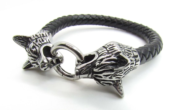 Bracelet En Cuir Tressé Noir Réglable Avec Tête De Loup - Neuf Avec étiquettes, Style Bohème