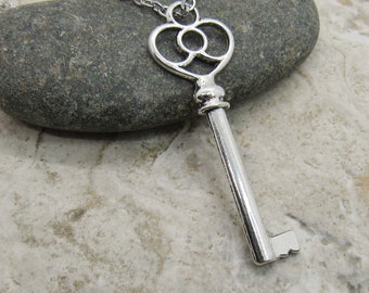 Vintage Style Key Pendant, Antique Silver Tone, Antique Silver Tone Key Charm, Women's Necklace, Gift for Women, Men's Necklace
